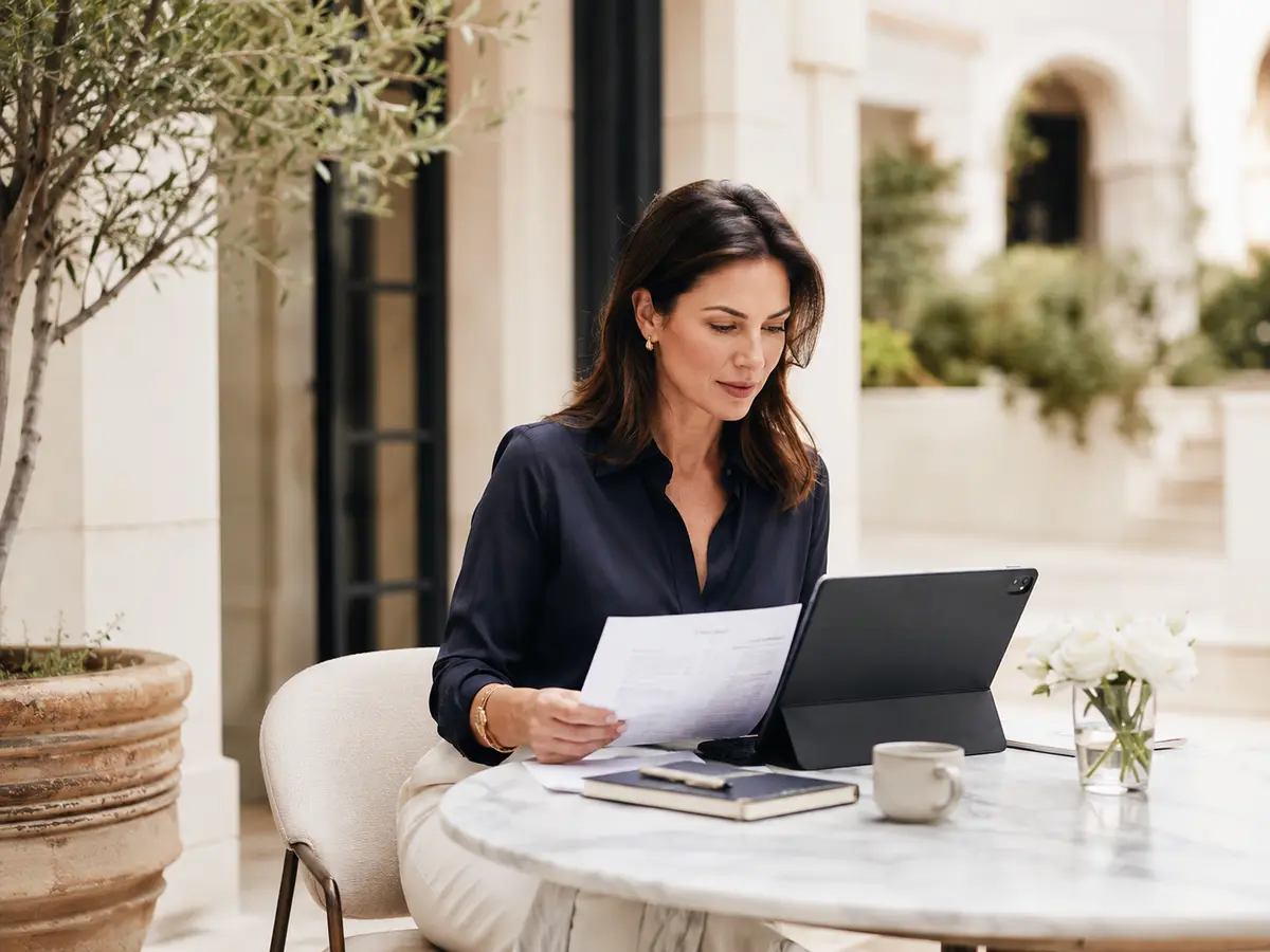 A woman reviewing papers and a tablet at an outdoor café table